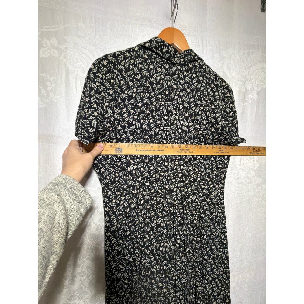Vintage Midi Shirt Dress 12 Black Cream Floral Short Sleeve Collared Tie - Picture 6 of 7